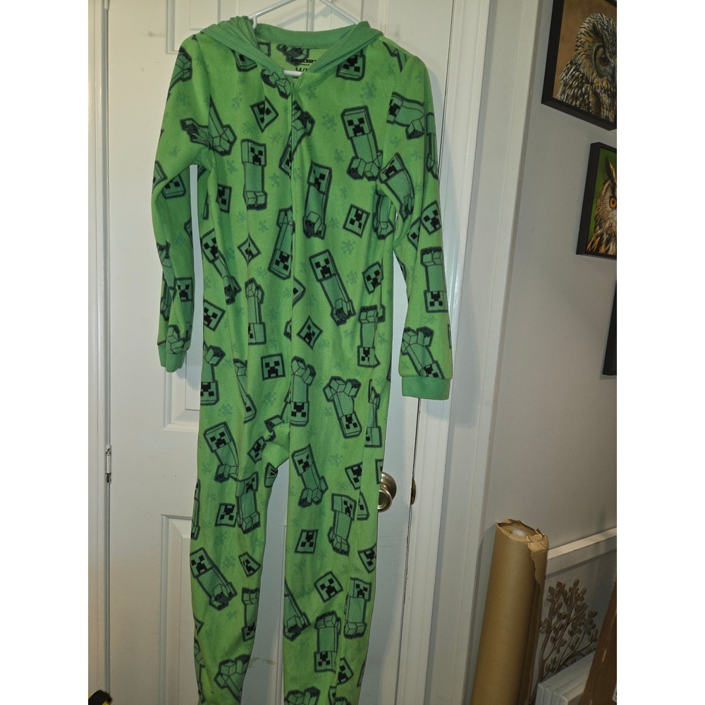 Minecraft Creeper Hooded Fleece Union Suit Pajamas Green Kids Size 14/16